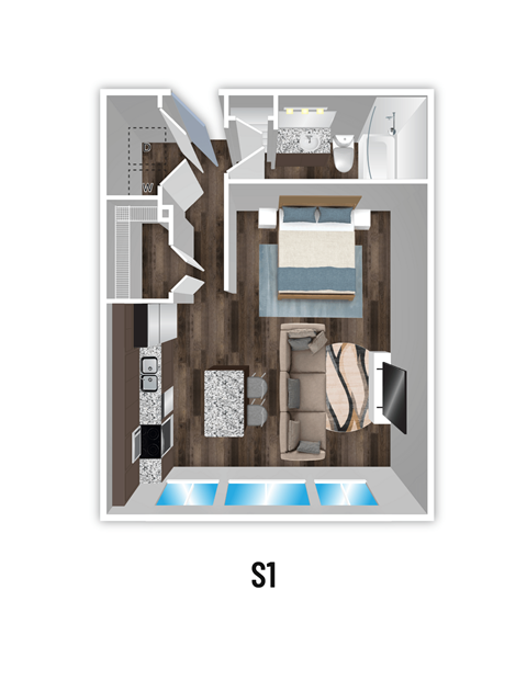 Floor plan for studio, 1 bath, 602 sqft